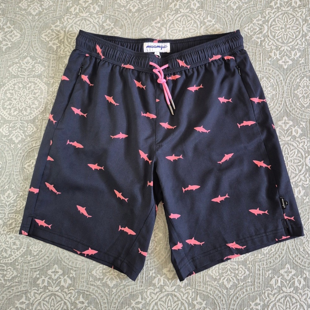 Maamgic Mens Swim Trunks Navy Blue Pink Shark Print Quick Dry‎ Size L NEW